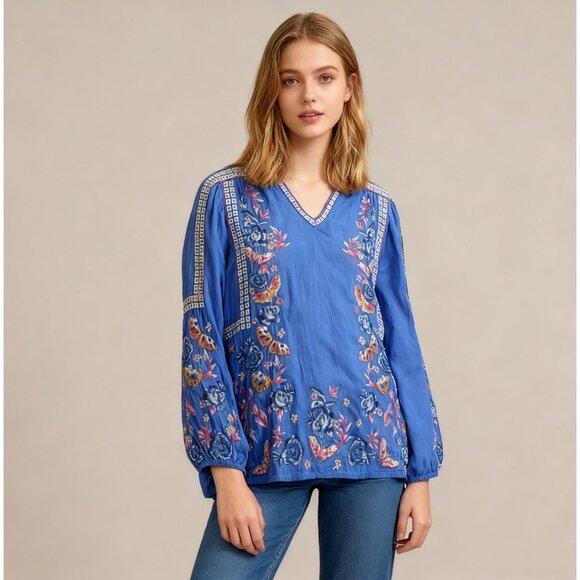 $340 NWOT Johnny Was Tamara Blouse Floral Embroidered Baja Blue Long Sleeves S - Picture 1 of 12